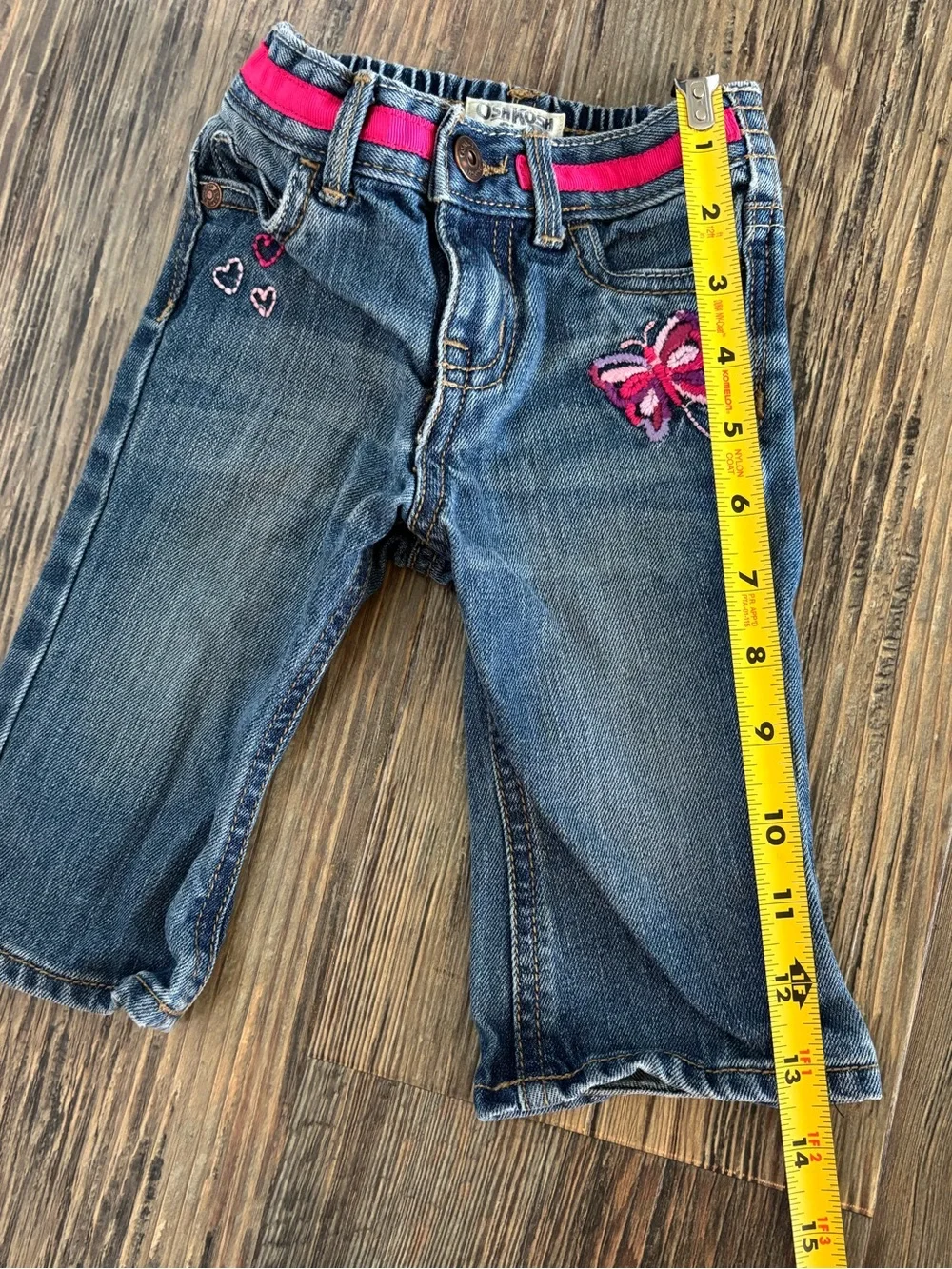OshKosh B’gosh Blue Denim Jeans 6 Months Pink Ribbon Waist Embroidered Butterfly